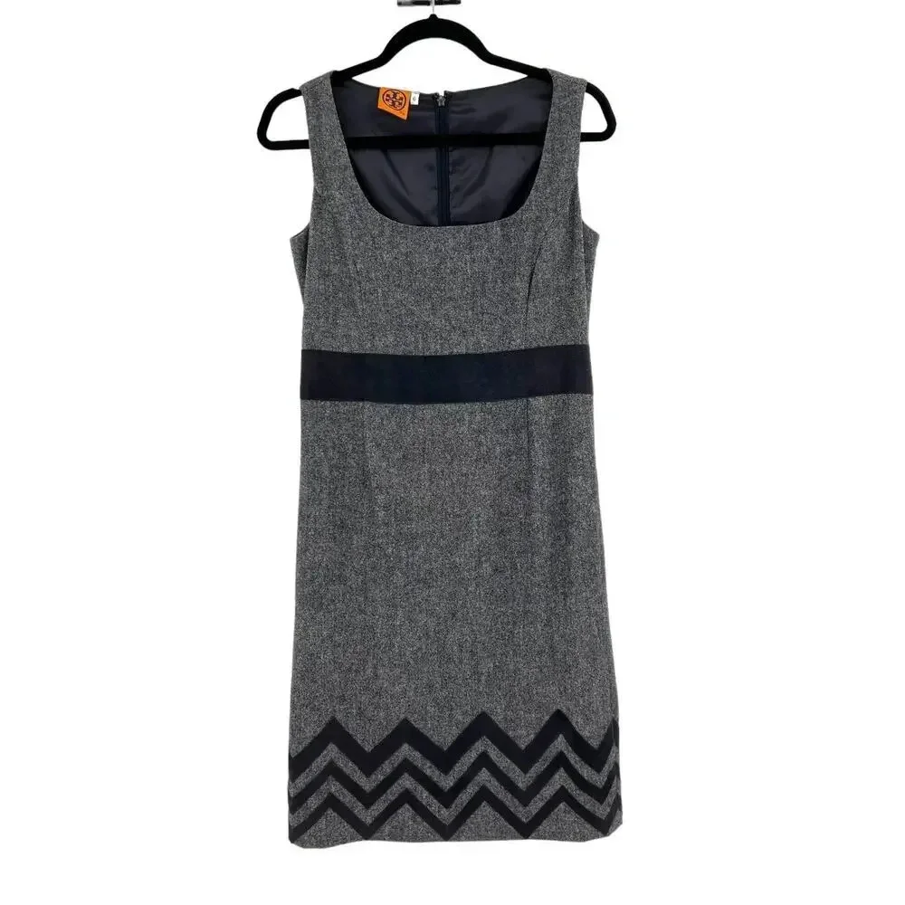 Tory Burch Navy Blue‎ Tweed Dress Chevron Hem Suede Leather Accents Size 6